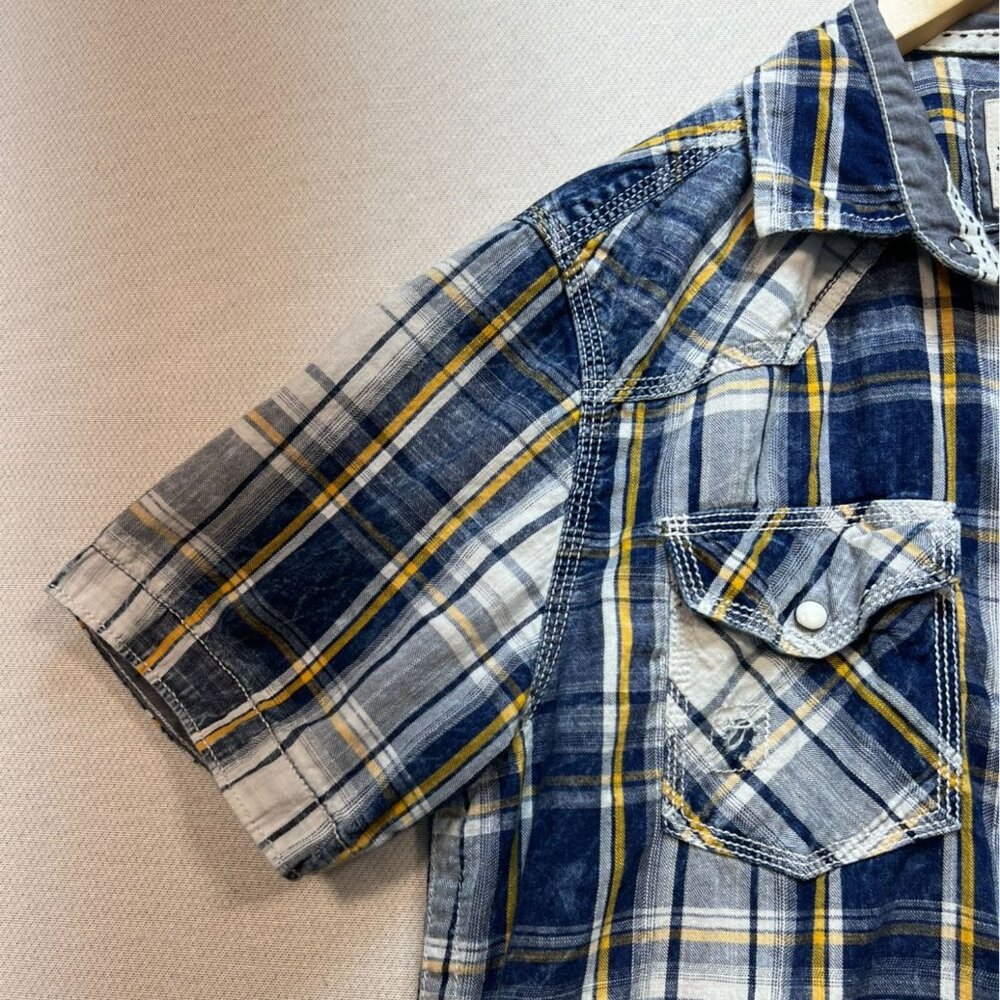 BKE Men Short Sleeve Button Up Shirt Medium Blue Plaid Vintage 1967 Standard Fit - Picture 6 of 12